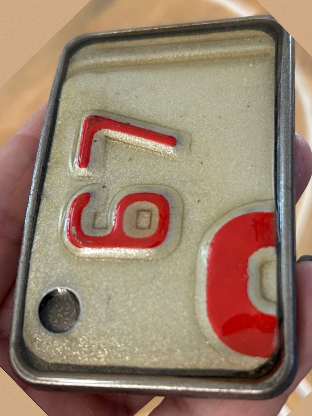 Handmade belt buckle license plate 67 unisex NEW vintage white with red numbers